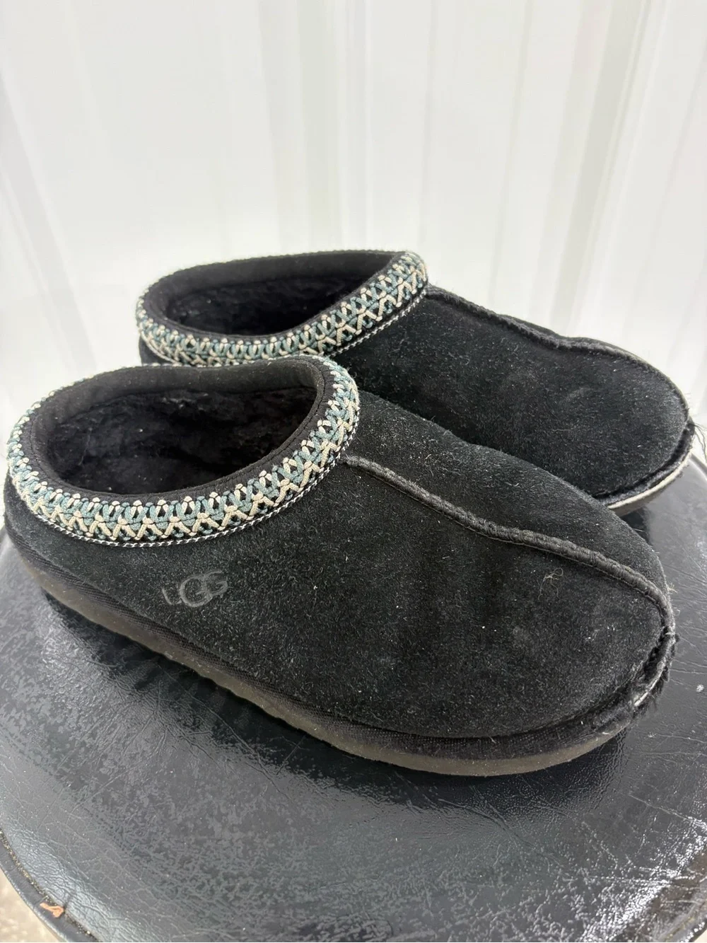UGG Kids Black Suede Slip-On Clog Slippers with Decorative Trim